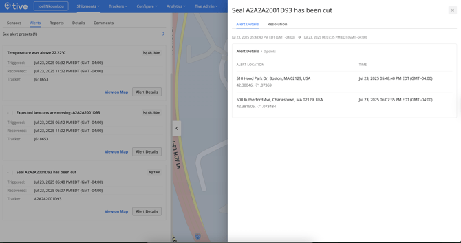 Tive Seal Cut Alert Details in Platform
