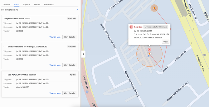 Tive Seal Cut Alert in Platform